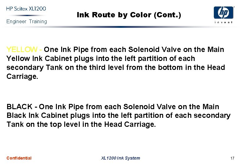 Engineer Training Ink Route by Color (Cont. ) YELLOW - One Ink Pipe from