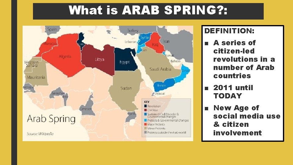 What is ARAB SPRING? : DEFINITION: ■ A series of citizen-led revolutions in a