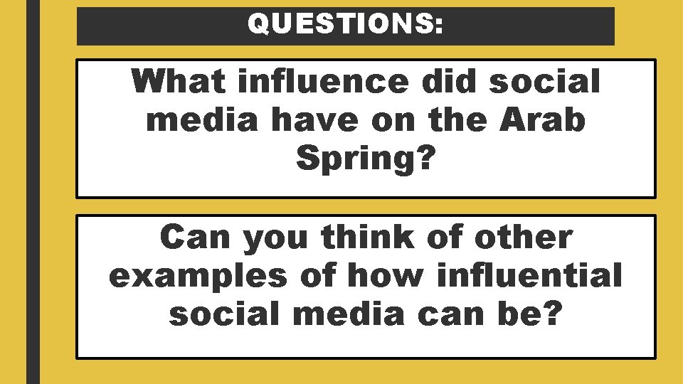 QUESTIONS: What influence did social media have on the Arab Spring? Can you think