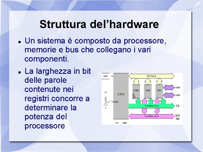 Struttura del’hardware Un sistema è composto da processore, memorie e bus che collegano i