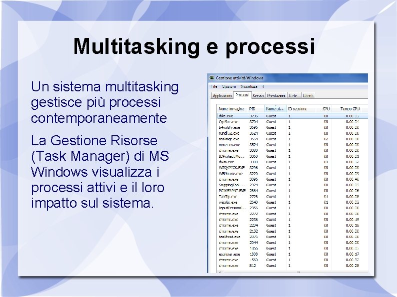 Multitasking e processi Un sistema multitasking gestisce più processi contemporaneamente La Gestione Risorse (Task