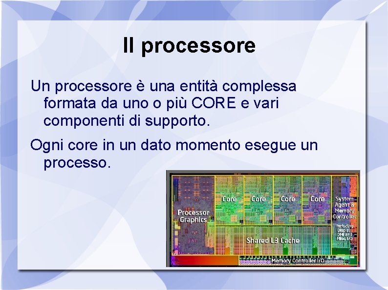 Il processore Un processore è una entità complessa formata da uno o più CORE