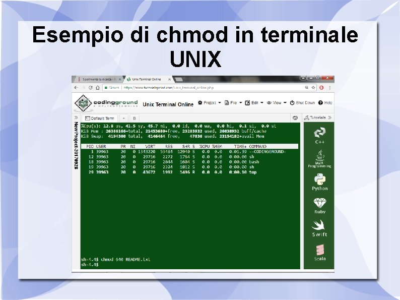 Esempio di chmod in terminale UNIX 