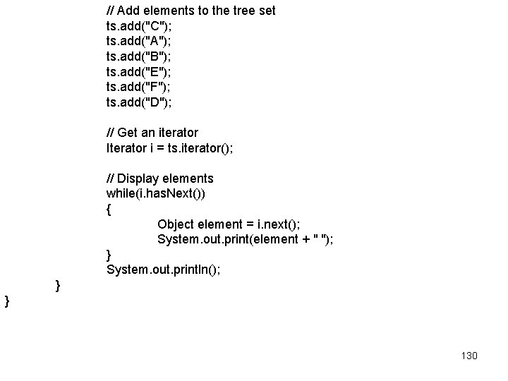 // Add elements to the tree set ts. add("C"); ts. add("A"); ts. add("B"); ts.