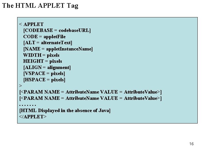 The HTML APPLET Tag < APPLET [CODEBASE = codebase. URL] CODE = applet. File