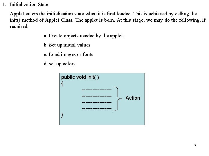 1. Initialization State Applet enters the initialisation state when it is first loaded. This