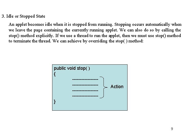 3. Idle or Stopped State An applet becomes idle when it is stopped from