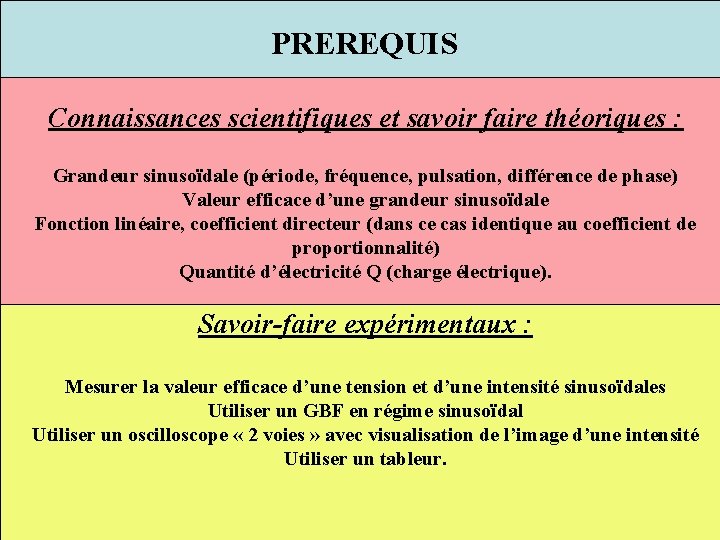 PREREQUIS Connaissances scientifiques et savoir faire théoriques : Grandeur sinusoïdale (période, fréquence, pulsation, différence