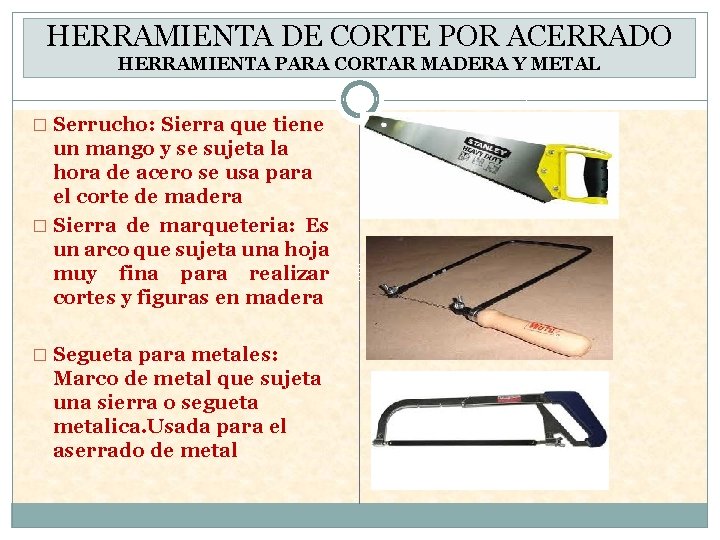 HERRAMIENTA DE CORTE POR ACERRADO HERRAMIENTA PARA CORTAR MADERA Y METAL � Serrucho: Sierra