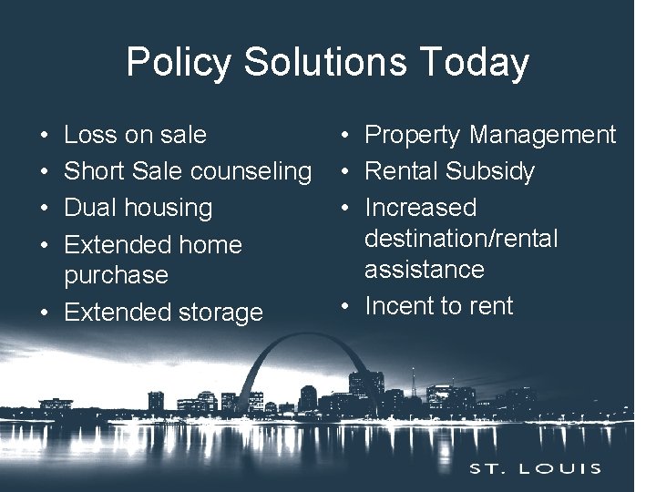 Policy Solutions Today • • Loss on sale Short Sale counseling Dual housing Extended