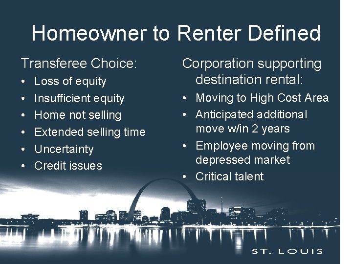 Homeowner to Renter Defined Transferee Choice: • • • Loss of equity Insufficient equity