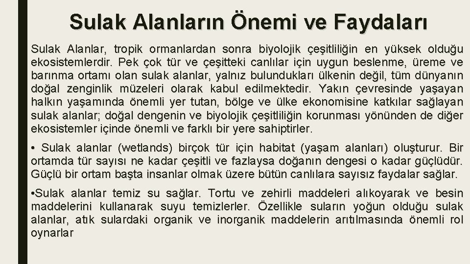 Sulak Alanların Önemi ve Faydaları Sulak Alanlar, tropik ormanlardan sonra biyolojik çeşitliliğin en yüksek