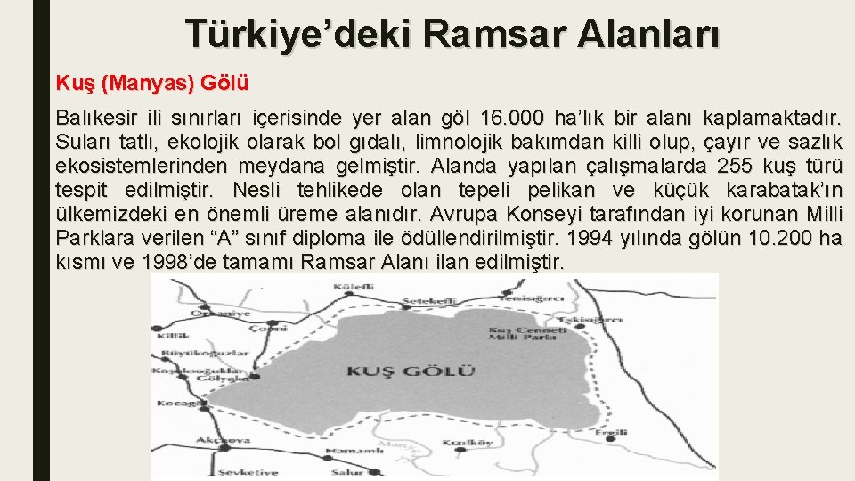 Türkiye’deki Ramsar Alanları Kuş (Manyas) Gölü Balıkesir ili sınırları içerisinde yer alan göl 16.