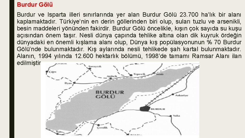 Burdur Gölü Burdur ve Isparta illeri sınırlarında yer alan Burdur Gölü 23. 700 ha’lık