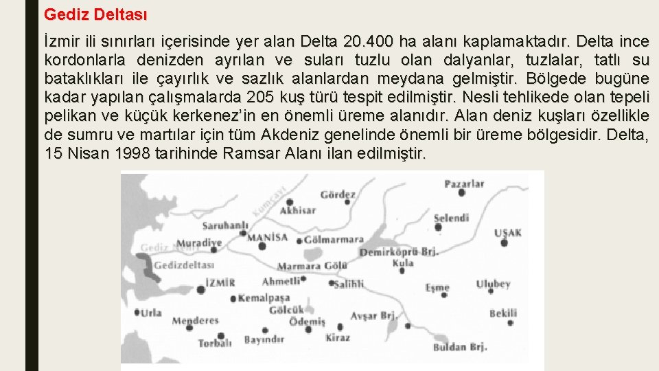 Gediz Deltası İzmir ili sınırları içerisinde yer alan Delta 20. 400 ha alanı kaplamaktadır.