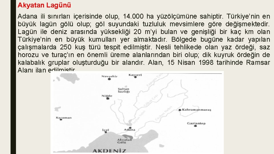 Akyatan Lagünü Adana ili sınırları içerisinde olup, 14. 000 ha yüzölçümüne sahiptir. Türkiye’nin en
