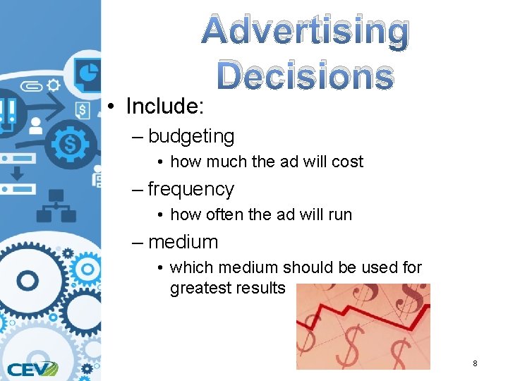 Advertising Decisions • Include: – budgeting • how much the ad will cost –