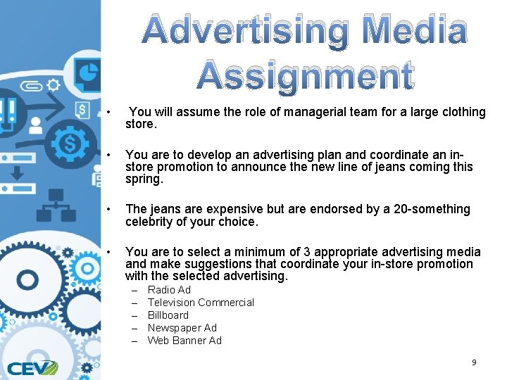 Advertising Media Assignment • You will assume the role of managerial team for a