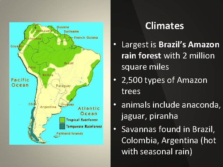 Climates • Largest is Brazil’s Amazon rain forest with 2 million square miles •