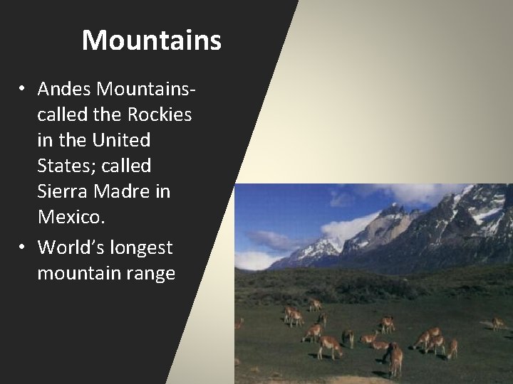Mountains • Andes Mountainscalled the Rockies in the United States; called Sierra Madre in