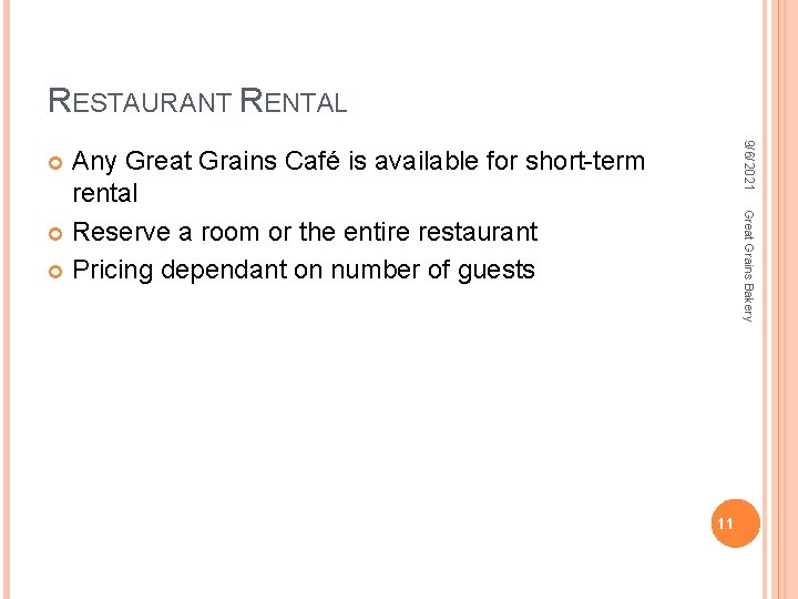 RESTAURANT RENTAL 9/6/2021 Any Great Grains Café is available for short-term rental Reserve a