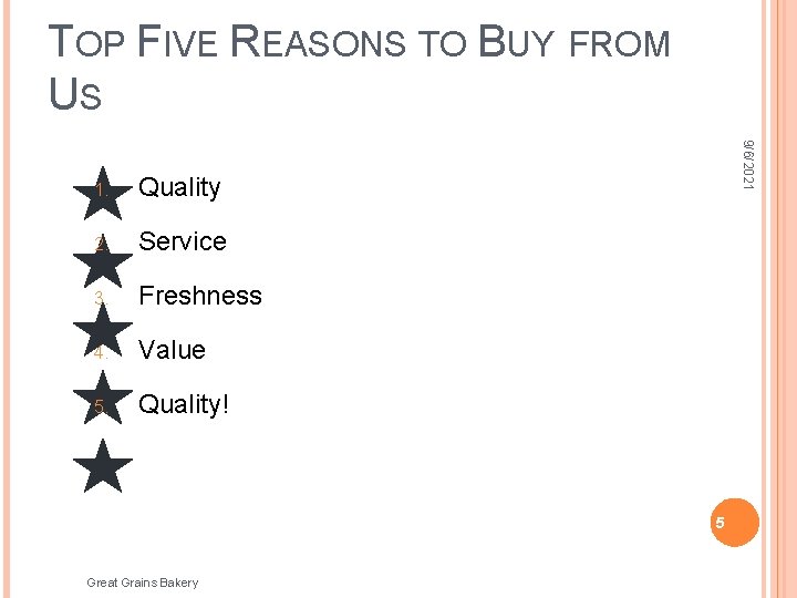 TOP FIVE REASONS TO BUY FROM US Quality 2. Service 3. Freshness 4. Value
