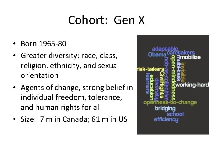 Cohort: Gen X • Born 1965 -80 • Greater diversity: race, class, religion, ethnicity,