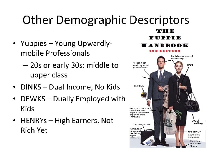 Other Demographic Descriptors • Yuppies – Young Upwardlymobile Professionals – 20 s or early