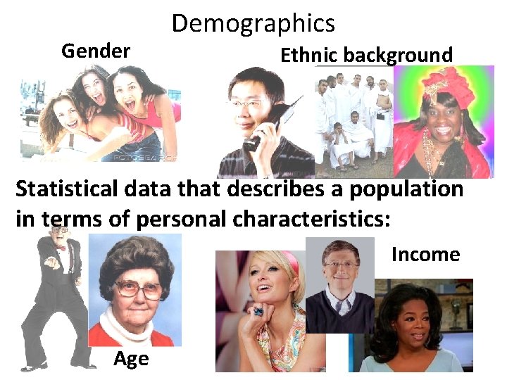 Gender Demographics Ethnic background Statistical data that describes a population in terms of personal