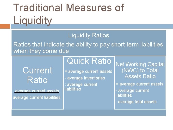 Traditional Measures of Liquidity Ratios that indicate the ability to pay short-term liabilities when