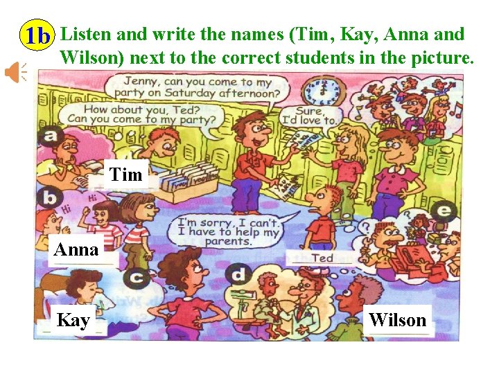 1 b Listen and write the names (Tim, Kay, Anna and Wilson) next to