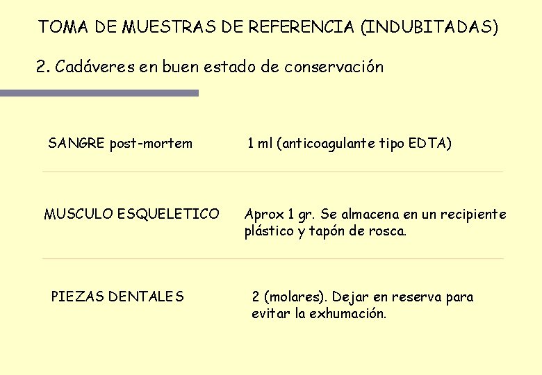 TOMA DE MUESTRAS DE REFERENCIA (INDUBITADAS) 2. Cadáveres en buen estado de conservación SANGRE