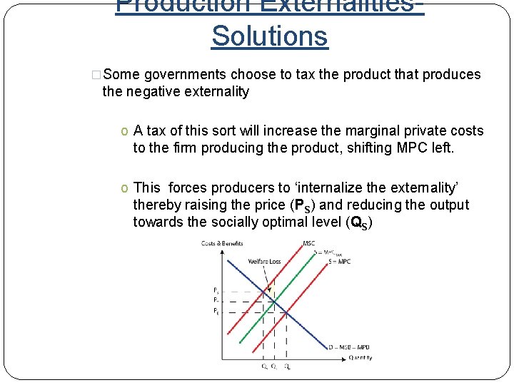 Production Externalities. Solutions �Some governments choose to tax the product that produces the negative