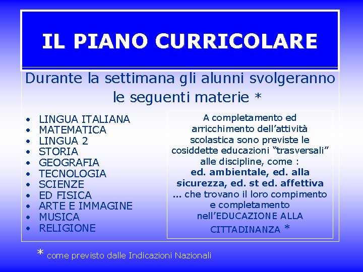 IL PIANO CURRICOLARE Durante la settimana gli alunni svolgeranno le seguenti materie * •