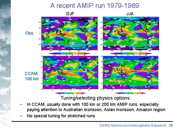 A recent AMIP run 1979 -1989 DJF JJA Obs CCAM 100 km Tuning/selecting physics