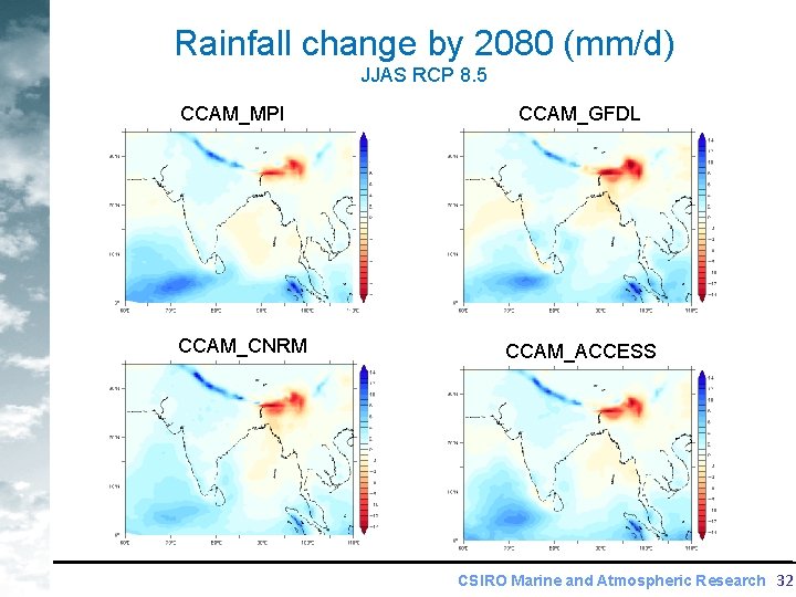 Rainfall change by 2080 (mm/d) JJAS RCP 8. 5 CCAM_MPI CCAM_CNRM CCAM_GFDL CCAM_ACCESS CSIRO