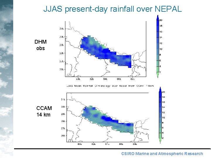 JJAS present-day rainfall over NEPAL DHM obs CCAM 14 km CSIRO Marine and Atmospheric