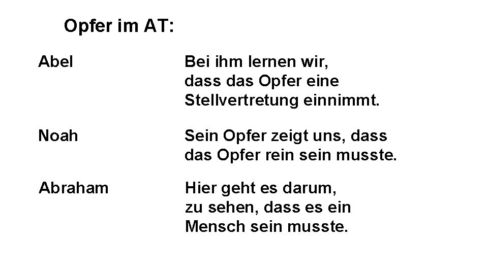 Opfer im AT: Abel Bei ihm lernen wir, dass das Opfer eine Stellvertretung einnimmt.