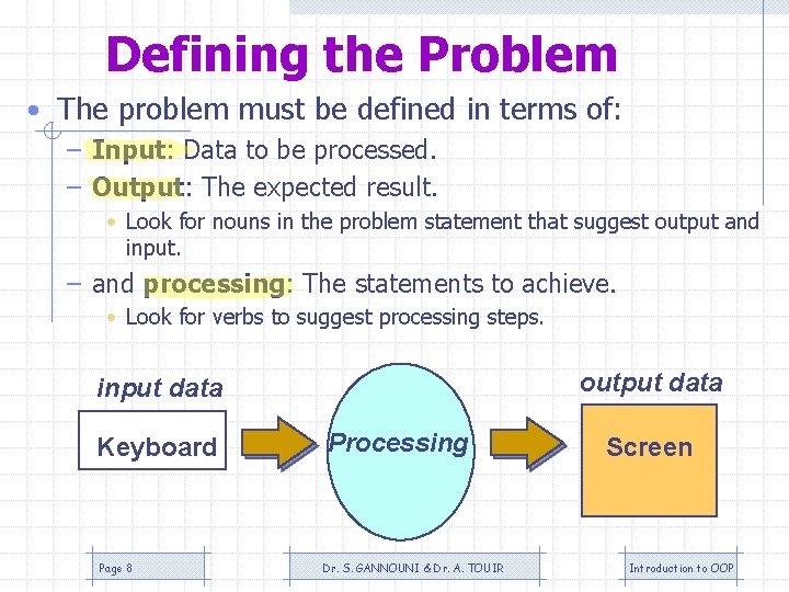 Defining the Problem • The problem must be defined in terms of: – Input: