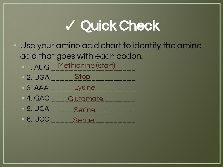 ✓ Quick Check • Use your amino acid chart to identify the amino acid