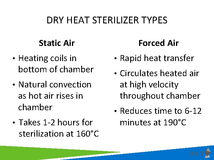 DRY HEAT STERILIZER TYPES Static Air • Heating coils in bottom of chamber •