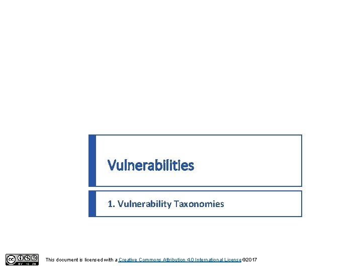 Vulnerabilities 1. Vulnerability Taxonomies This document is licensed with a Creative Commons Attribution 4.