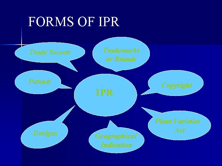 FORMS OF IPR Trade Secrets Trademarks or Brands Patents IPR Designs Geographical Indication Copyright