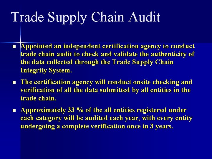 Trade Supply Chain Audit n Appointed an independent certification agency to conduct trade chain