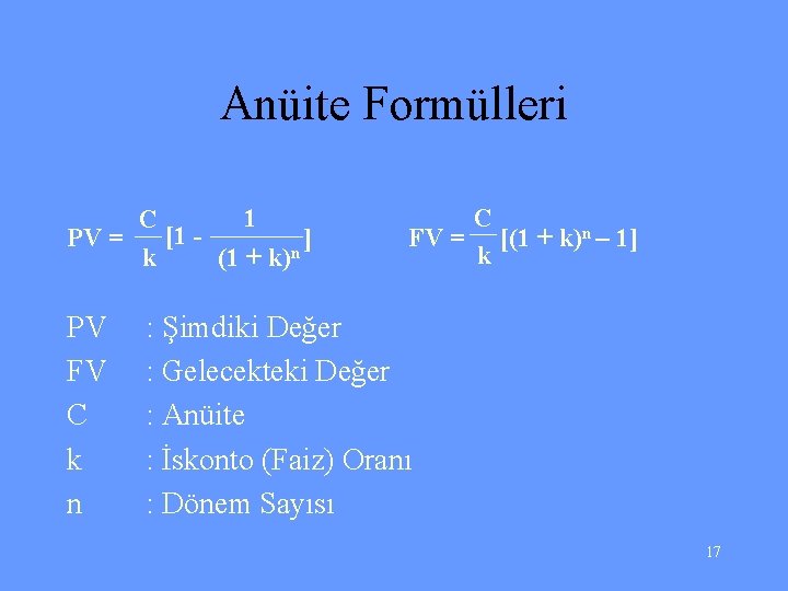 Anüite Formülleri 1 C [1 PV = ] n k (1 + k) PV