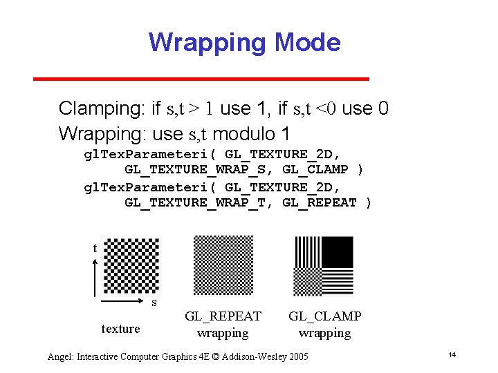 Wrapping Mode Clamping: if s, t > 1 use 1, if s, t <0