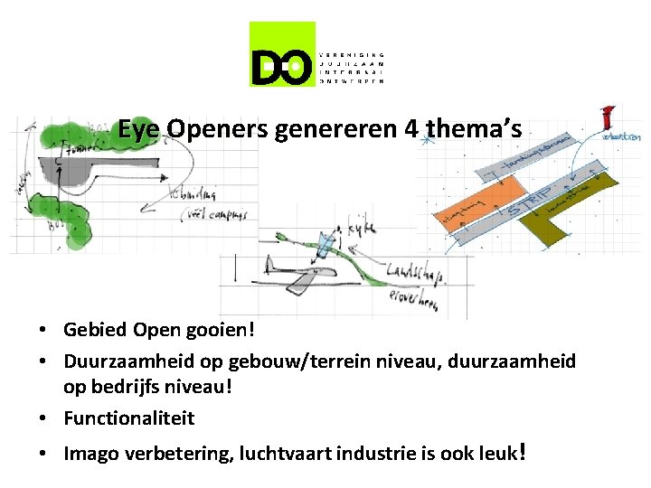 Eye Openers genereren 4 thema’s • Gebied Open gooien! • Duurzaamheid op gebouw/terrein niveau,