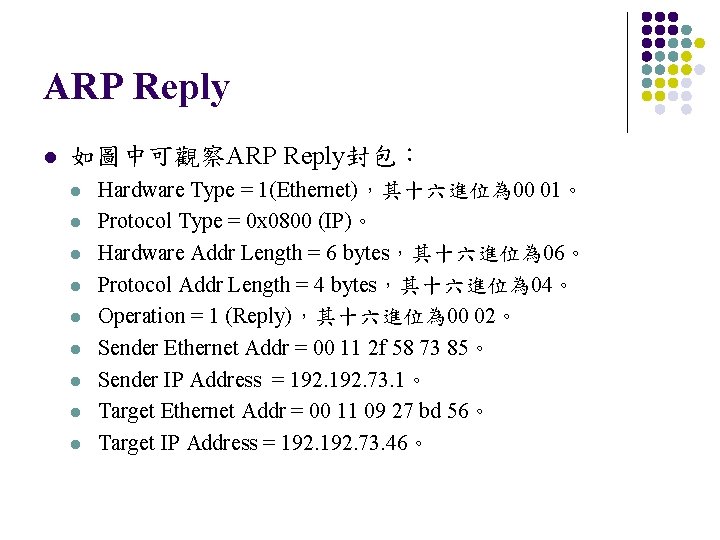 ARP Reply l 如圖中可觀察ARP Reply封包： l l l l l Hardware Type = 1(Ethernet)，其十六進位為