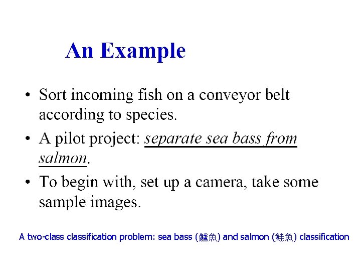 A two-classification problem: sea bass (鱸魚) and salmon (鮭魚) classification A two-classification problem: sea bass (鱸魚) and salmon (鮭魚) classification
