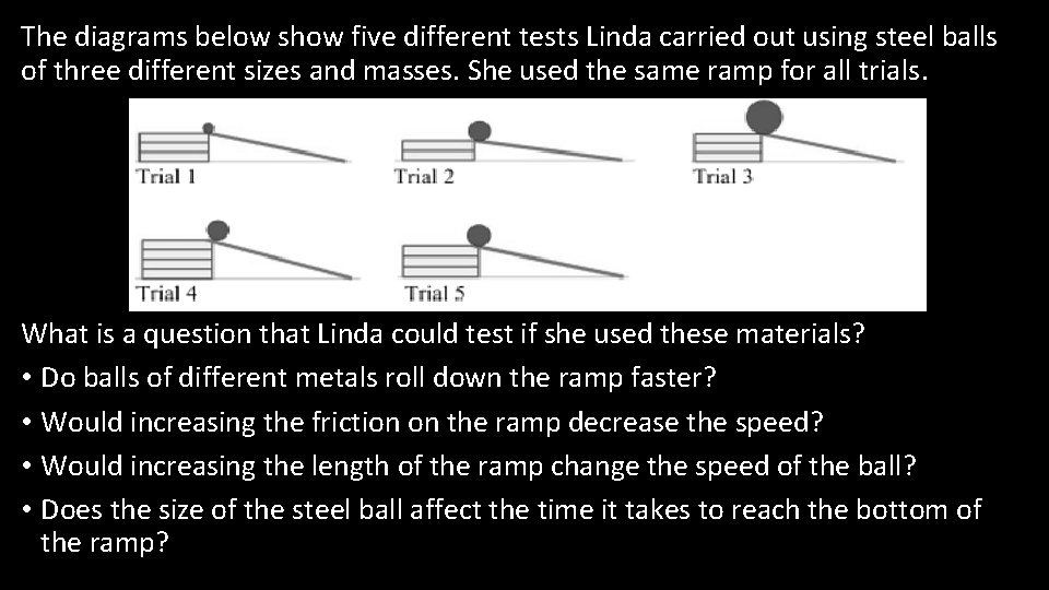 The diagrams below show five different tests Linda carried out using steel balls of